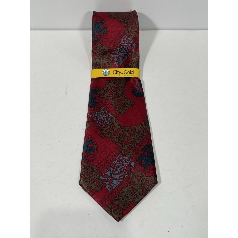 City Gold Handmade 100% Silk Necktie Red Medallion Geometric Classic Men's